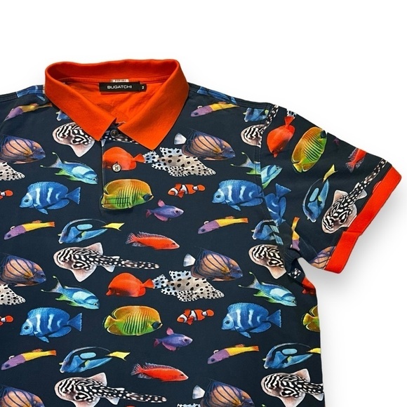 Bugatchi Polo Shirt Colorful Tropical Fish Print Short Sleeve Boxy  Blue Medium - Picture 3 of 7